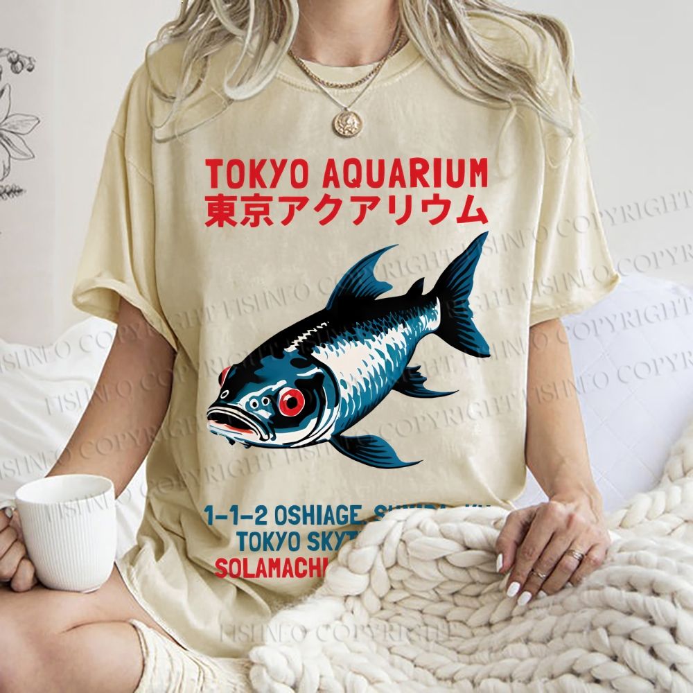 Unisex Tokyo Aquarium Japanese Vintage Printed Washed Tee