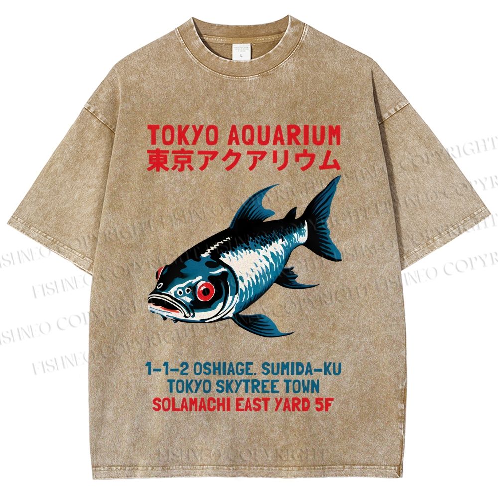 Unisex Tokyo Aquarium Japanese Vintage Printed Washed Tee