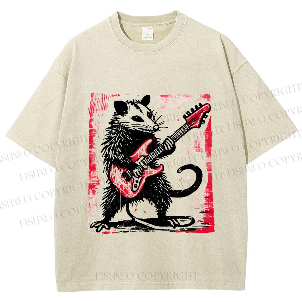 Unisex Vintage Rat Playing Bass Printed Washed Tee
