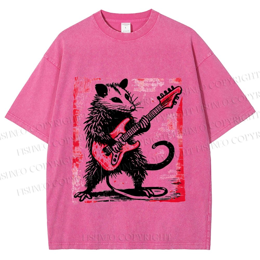 Unisex Vintage Rat Playing Bass Printed Washed Tee