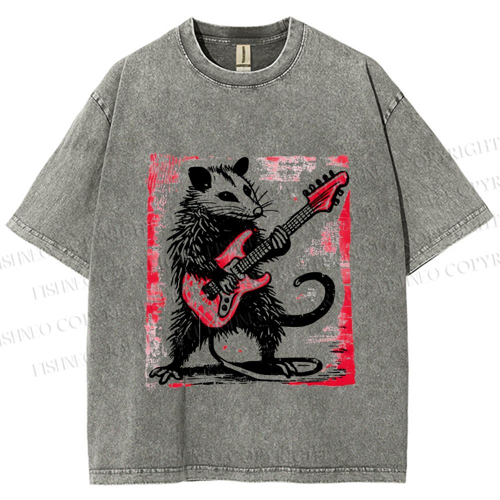 Unisex Vintage Rat Playing Bass Printed Washed Tee