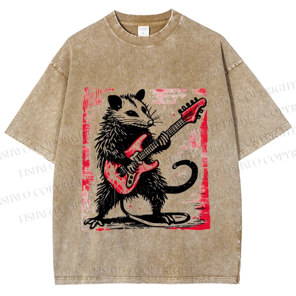 Unisex Vintage Rat Playing Bass Printed Washed Tee