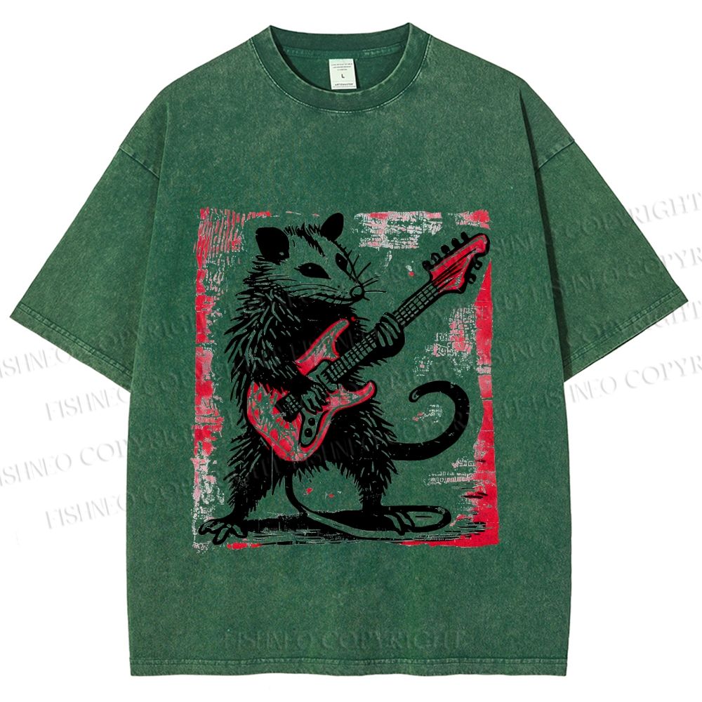 Unisex Vintage Rat Playing Bass Printed Washed Tee