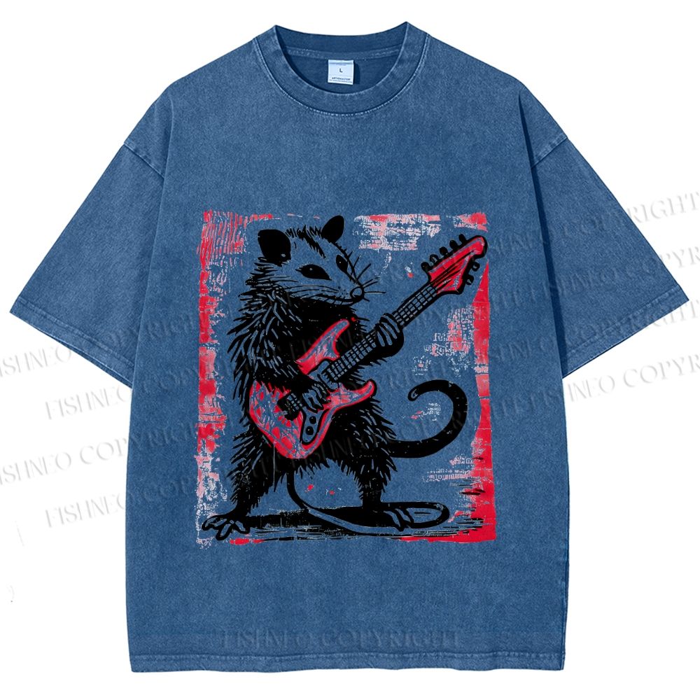 Unisex Vintage Rat Playing Bass Printed Washed Tee