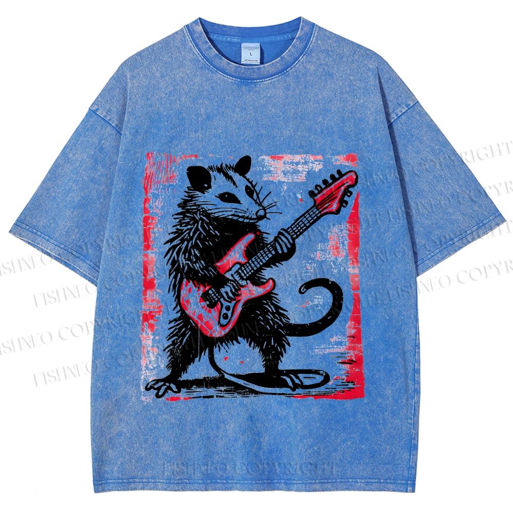 Unisex Vintage Rat Playing Bass Printed Washed Tee