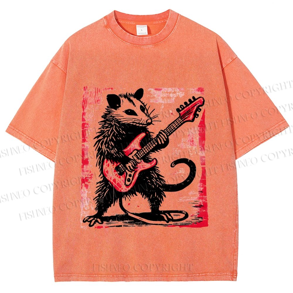 Unisex Vintage Rat Playing Bass Printed Washed Tee