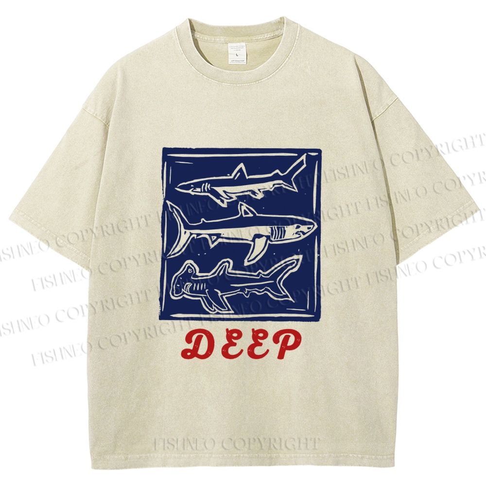 Unisex Vintage Shark Deep Sea Printed Washed Tee
