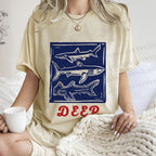Unisex Vintage Shark Deep Sea Printed Washed Tee