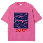 Unisex Vintage Shark Deep Sea Printed Washed Tee