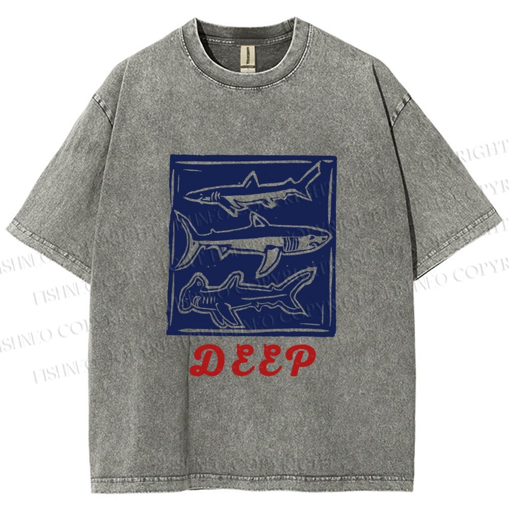 Unisex Vintage Shark Deep Sea Printed Washed Tee