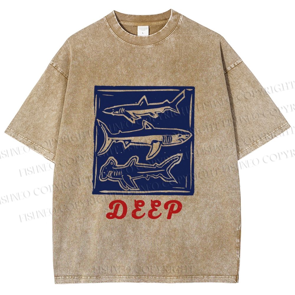 Unisex Vintage Shark Deep Sea Printed Washed Tee