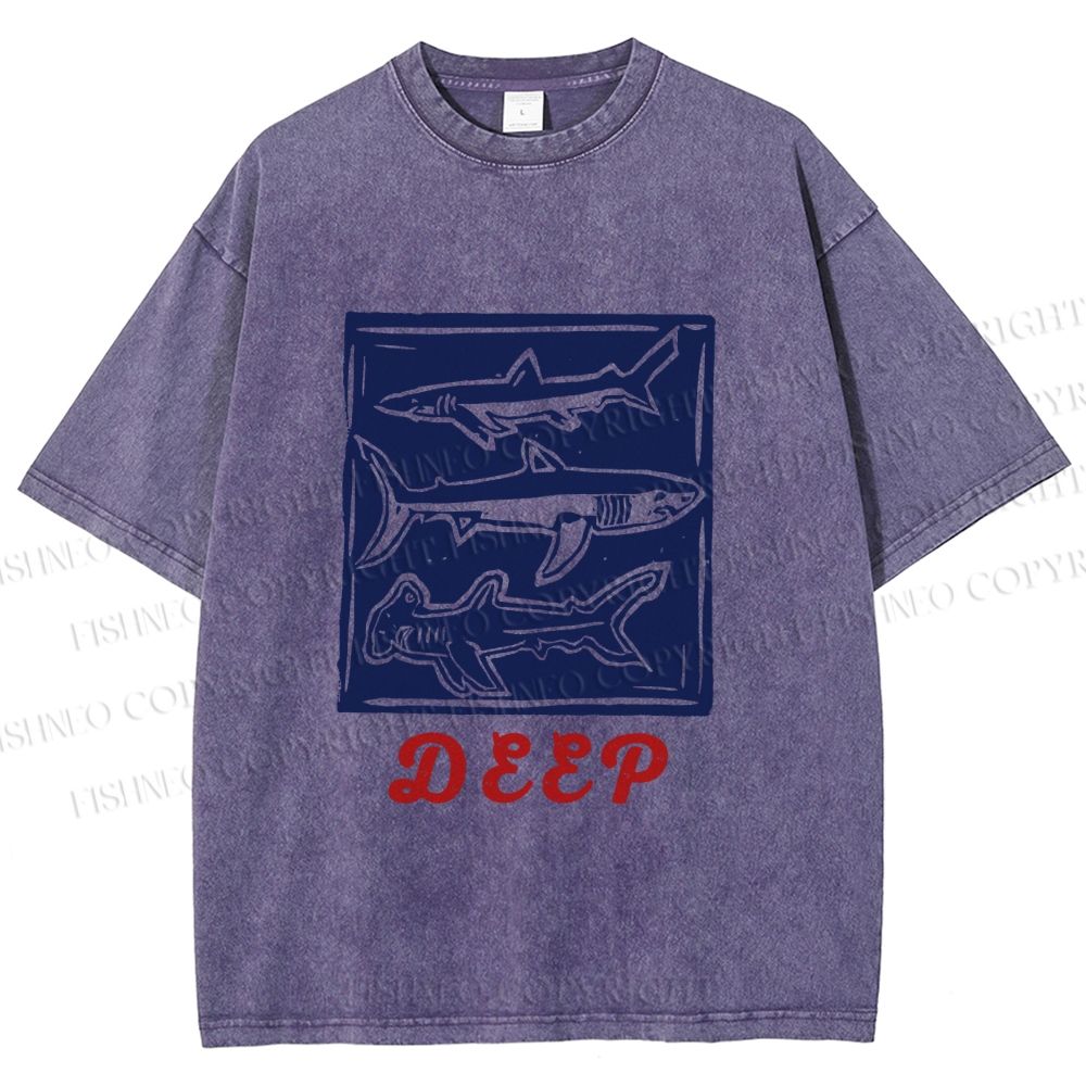 Unisex Vintage Shark Deep Sea Printed Washed Tee