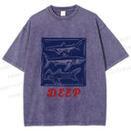 Unisex Vintage Shark Deep Sea Printed Washed Tee