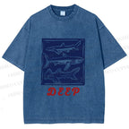 Unisex Vintage Shark Deep Sea Printed Washed Tee