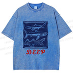 Unisex Vintage Shark Deep Sea Printed Washed Tee