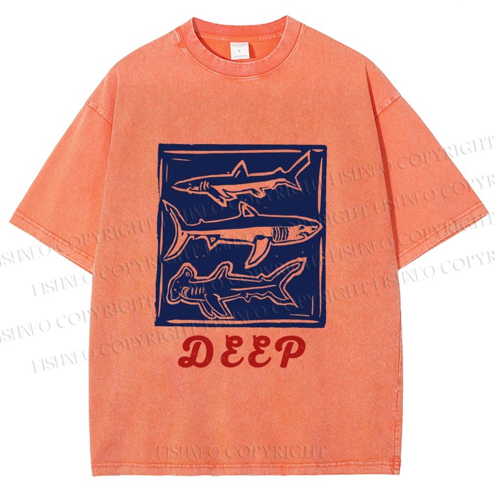 Unisex Vintage Shark Deep Sea Printed Washed Tee