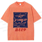 Unisex Vintage Shark Deep Sea Printed Washed Tee