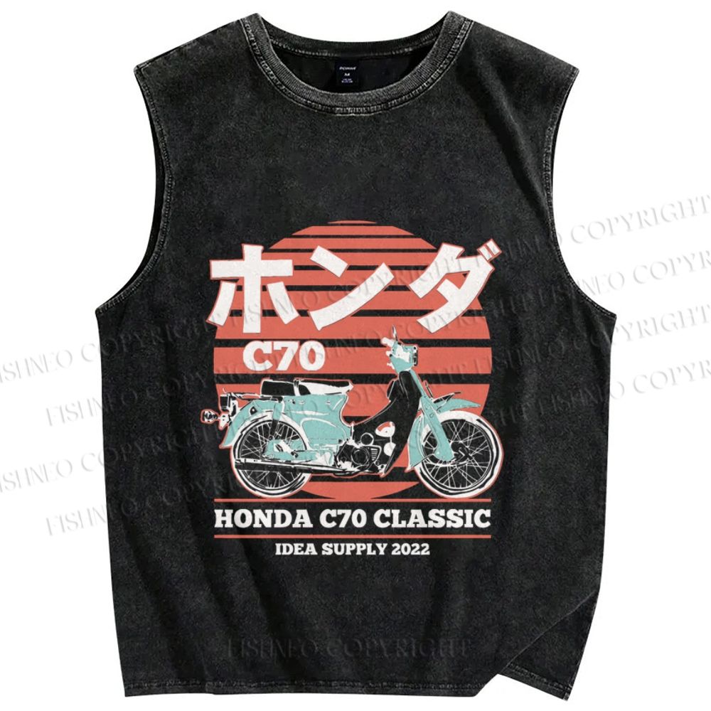 Unisex Japanese retro motorcycle Vintage Printed Washed Tank Top