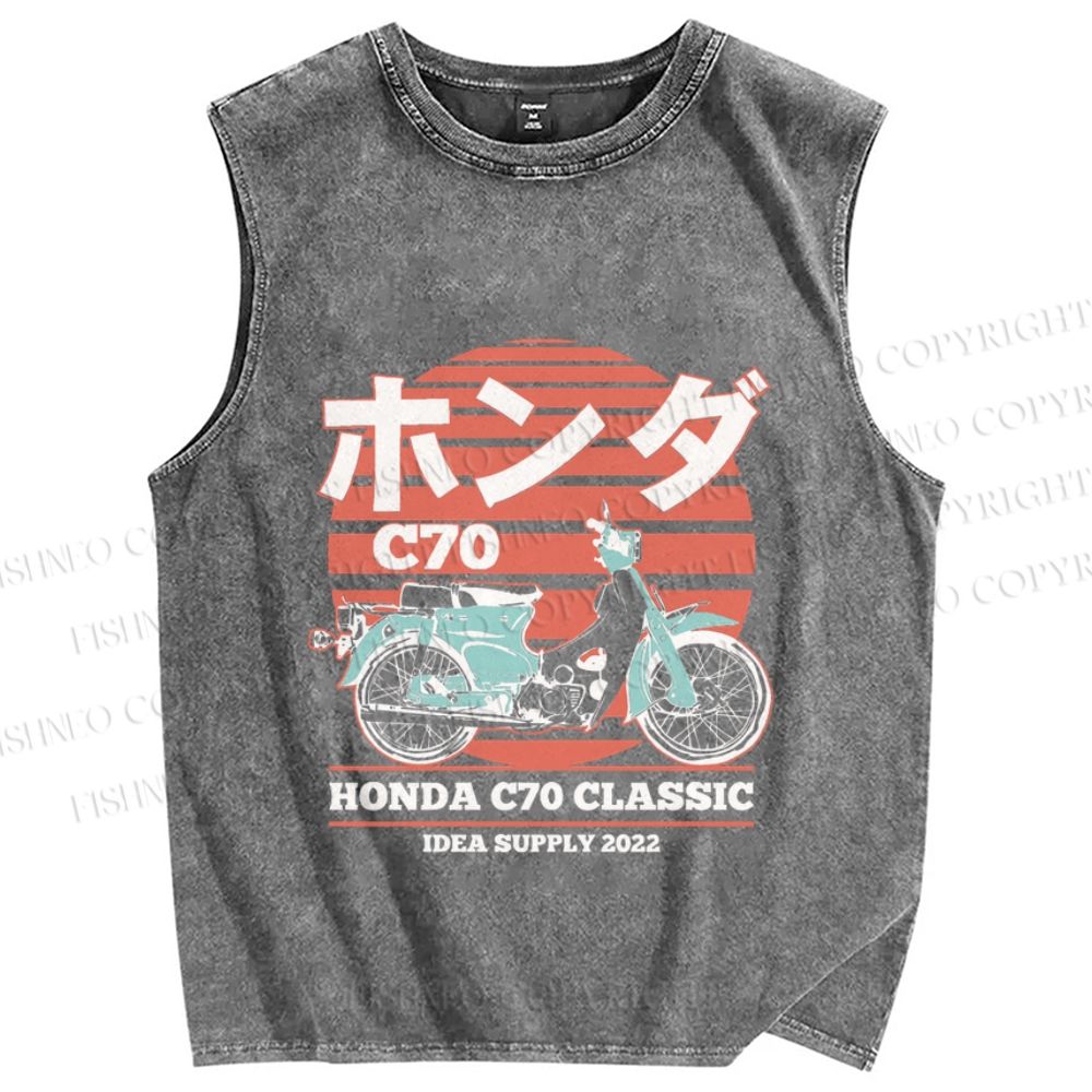 Unisex Japanese retro motorcycle Vintage Printed Washed Tank Top