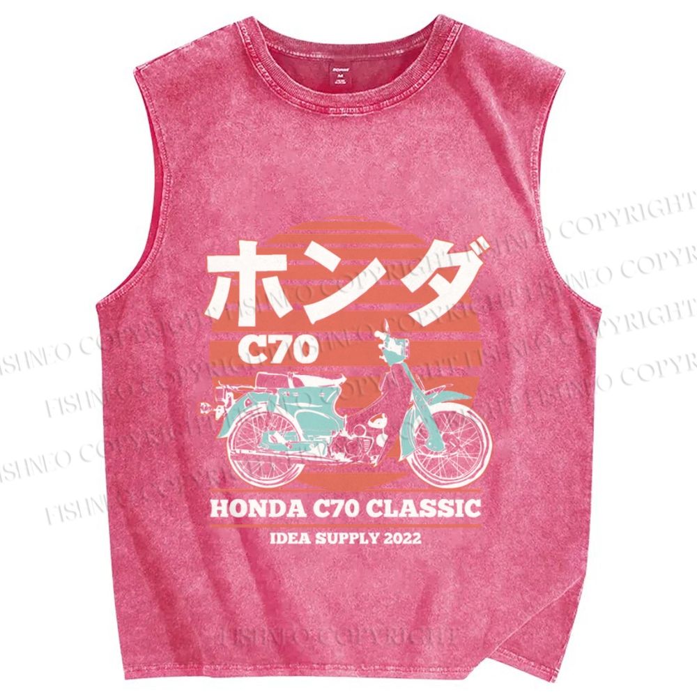 Unisex Japanese retro motorcycle Vintage Printed Washed Tank Top