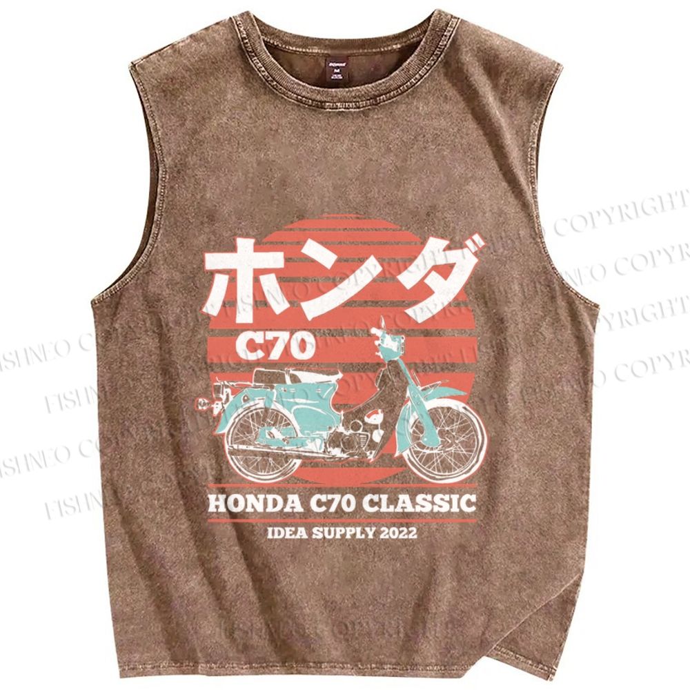 Unisex Japanese retro motorcycle Vintage Printed Washed Tank Top