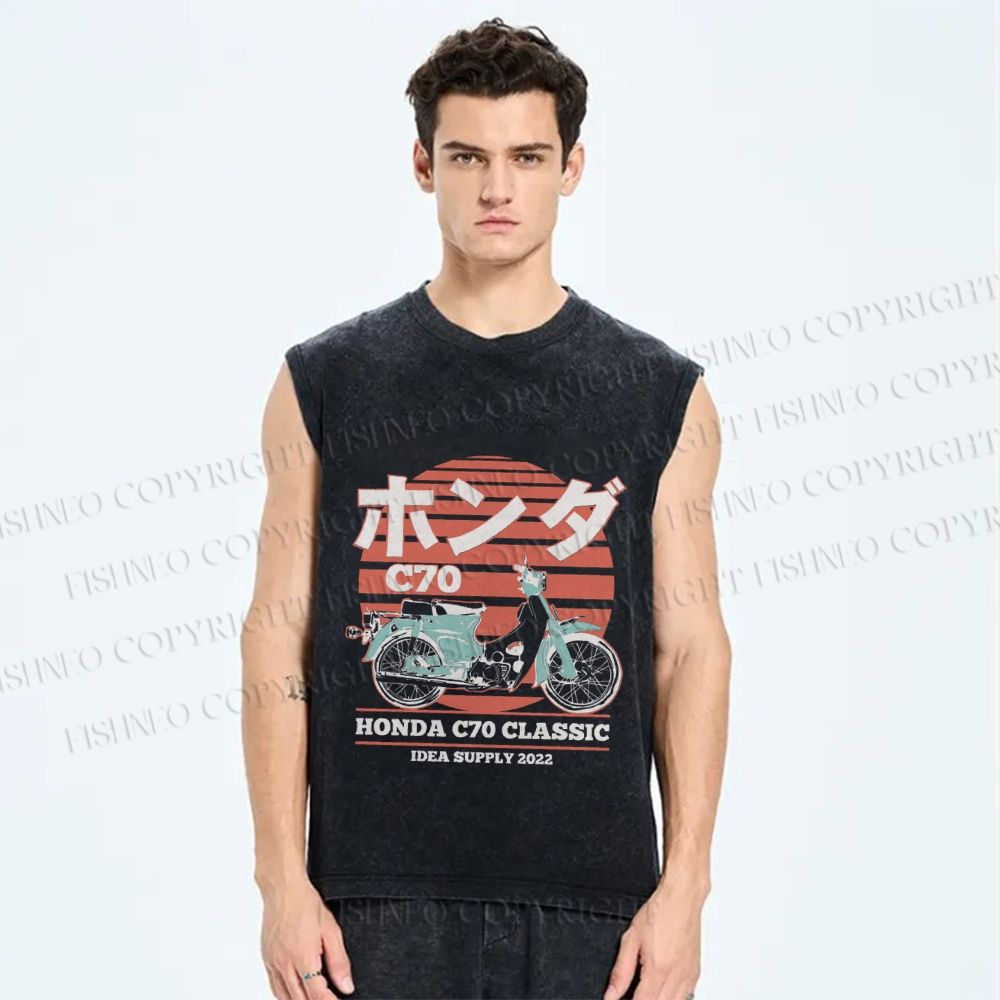 Unisex Japanese retro motorcycle Vintage Printed Washed Tank Top