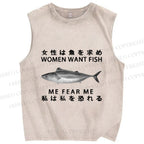 Unisex Women Want Fish Me Fear Me Printed Washed Tank Top