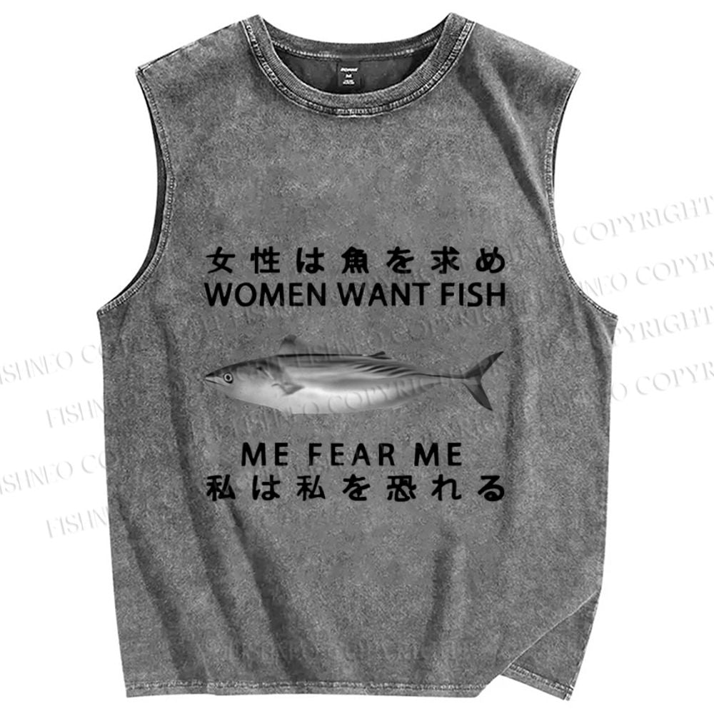 Unisex Women Want Fish Me Fear Me Printed Washed Tank Top