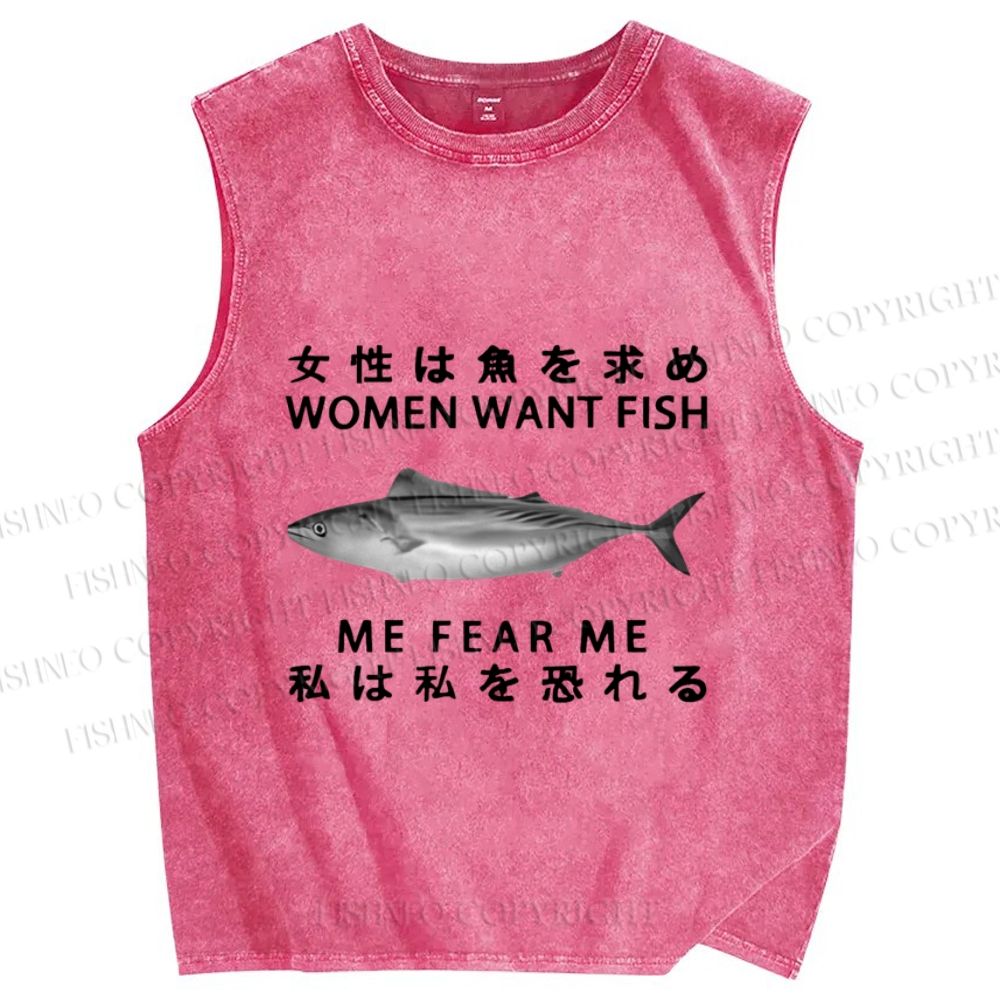 Unisex Women Want Fish Me Fear Me Printed Washed Tank Top