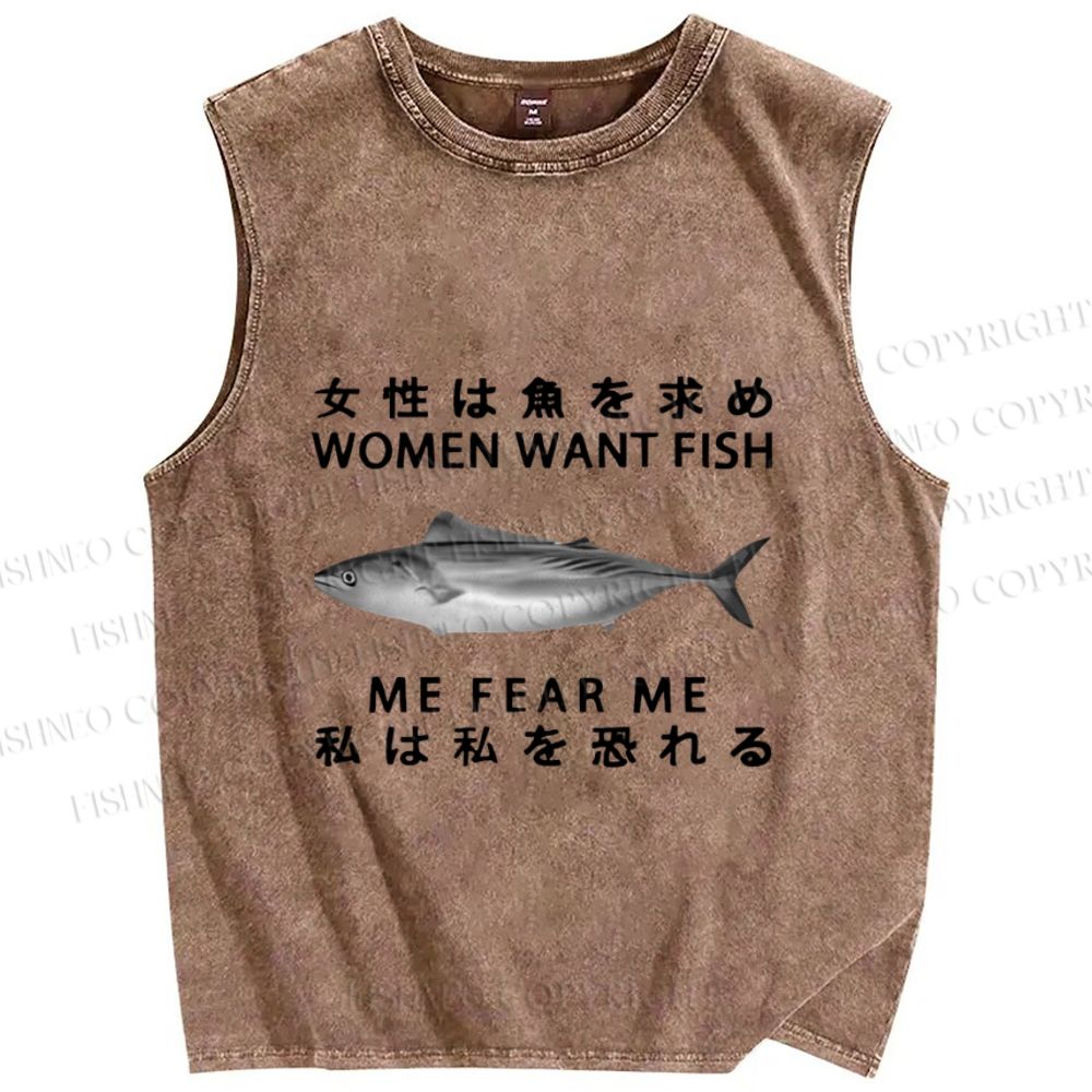 Unisex Women Want Fish Me Fear Me Printed Washed Tank Top