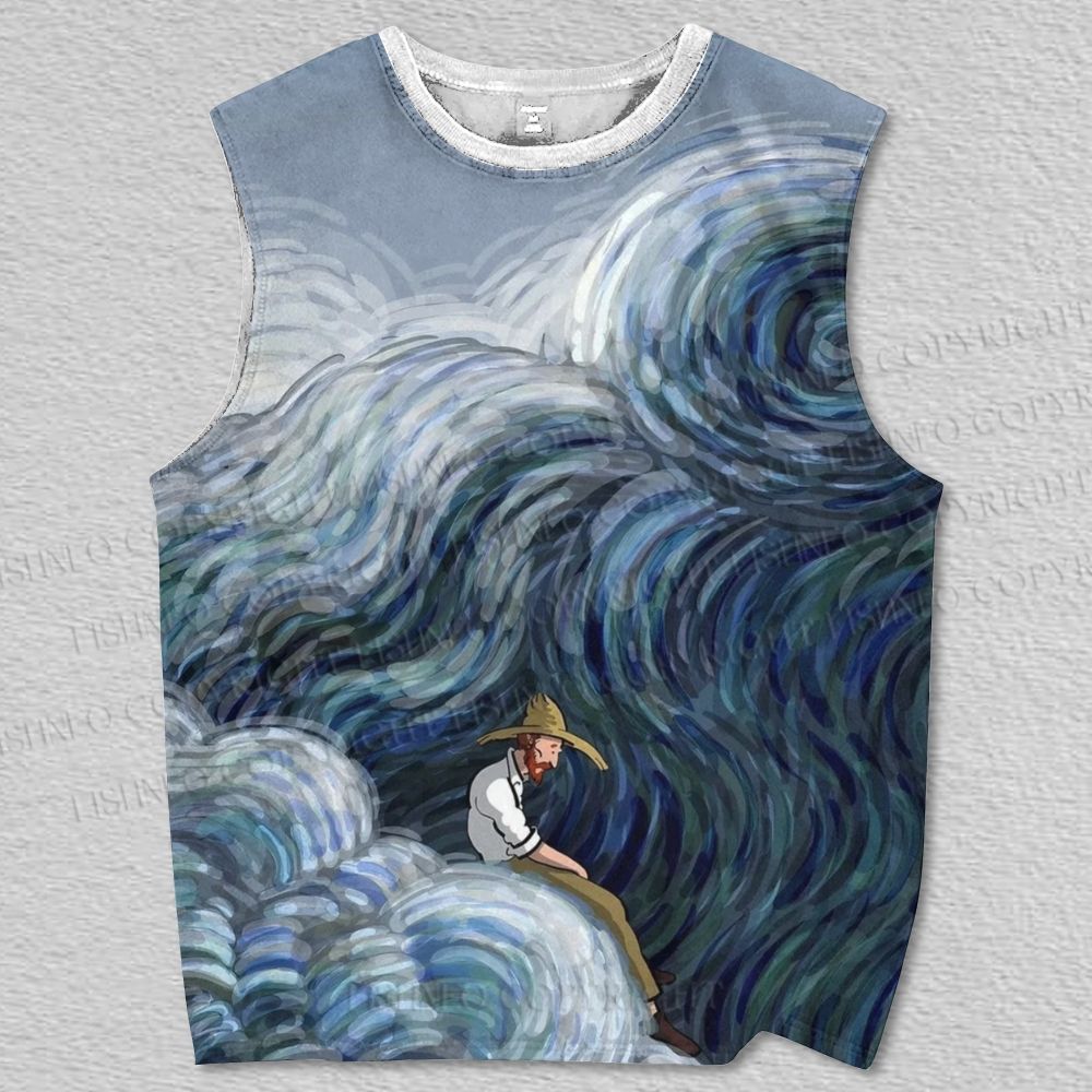 Unisex Old Man and Sea Waves Printed Tank Top