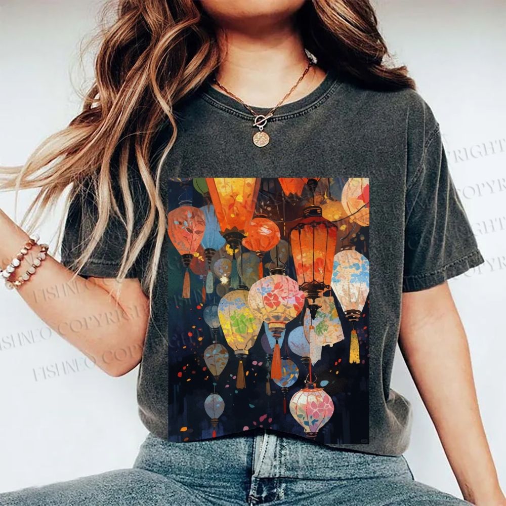 Unisex Japanese Lantern Printed Washed Tee