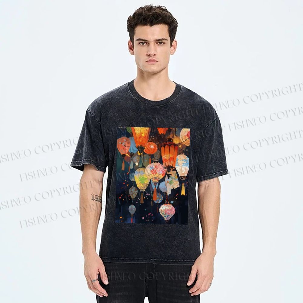 Unisex Japanese Lantern Printed Washed Tee