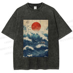 Unisex Japanese Wave Printed Washed Tee