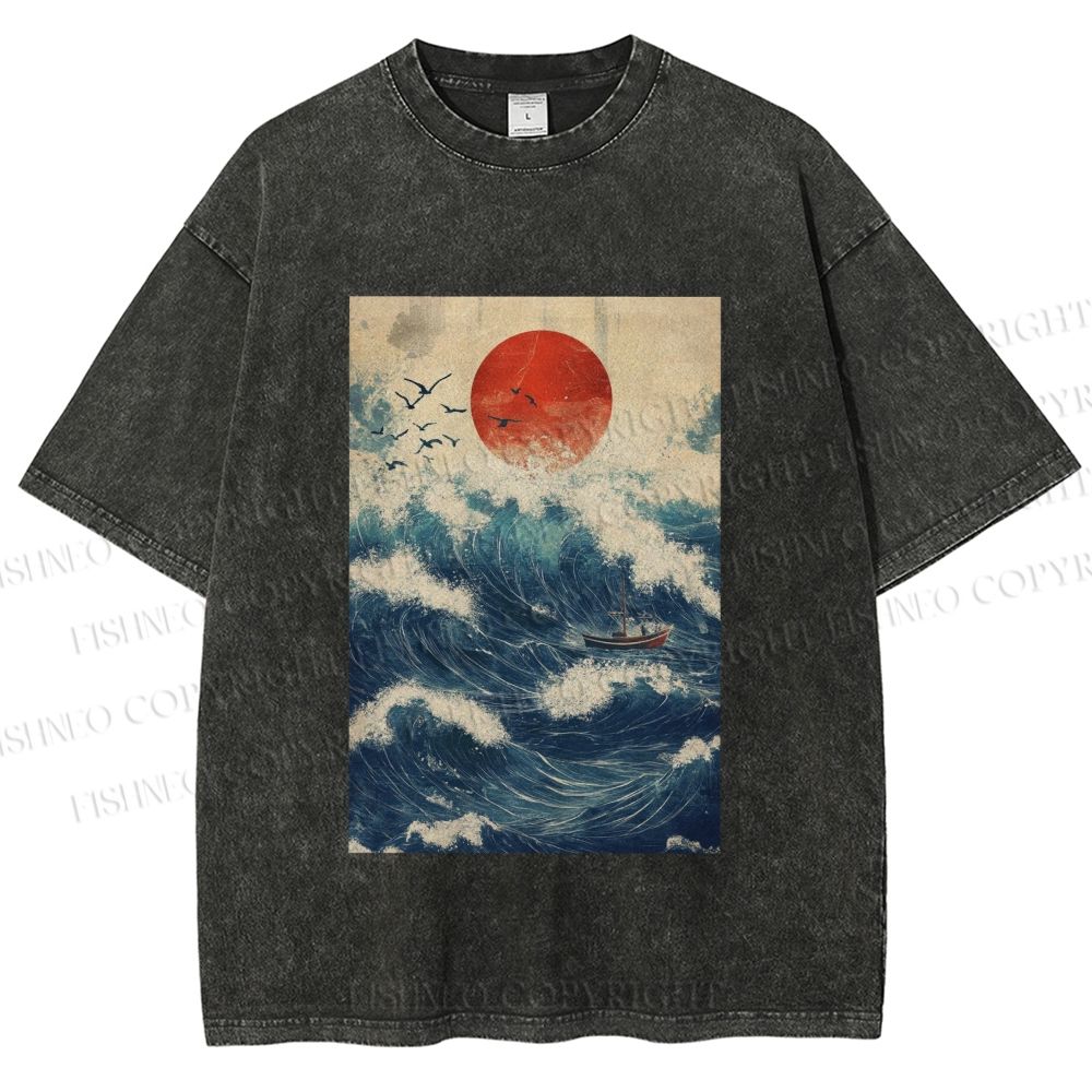 Unisex Japanese Wave Printed Washed Tee