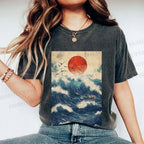 Unisex Japanese Wave Printed Washed Tee