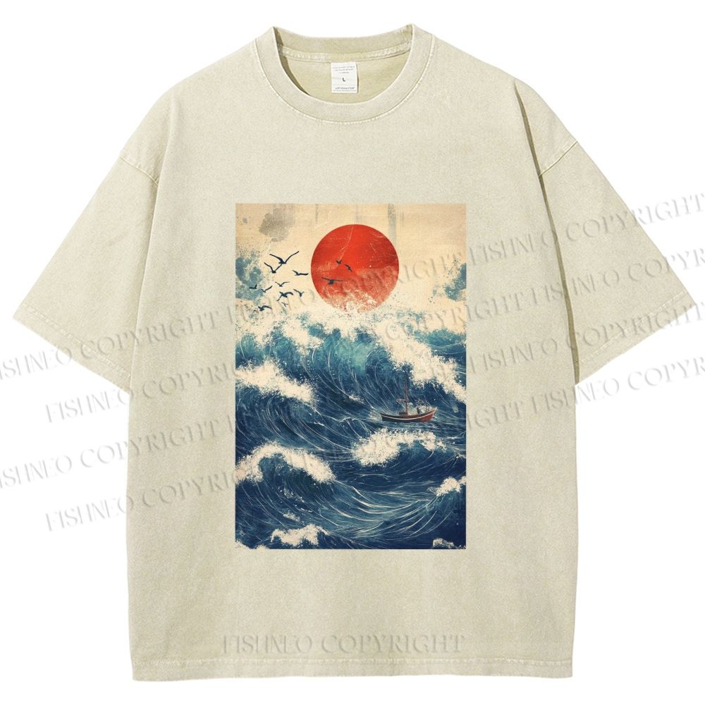 Unisex Japanese Wave Printed Washed Tee