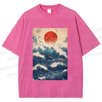 Unisex Japanese Wave Printed Washed Tee