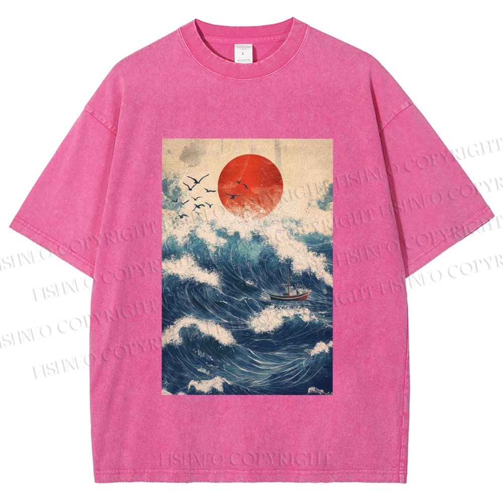 Unisex Japanese Wave Printed Washed Tee