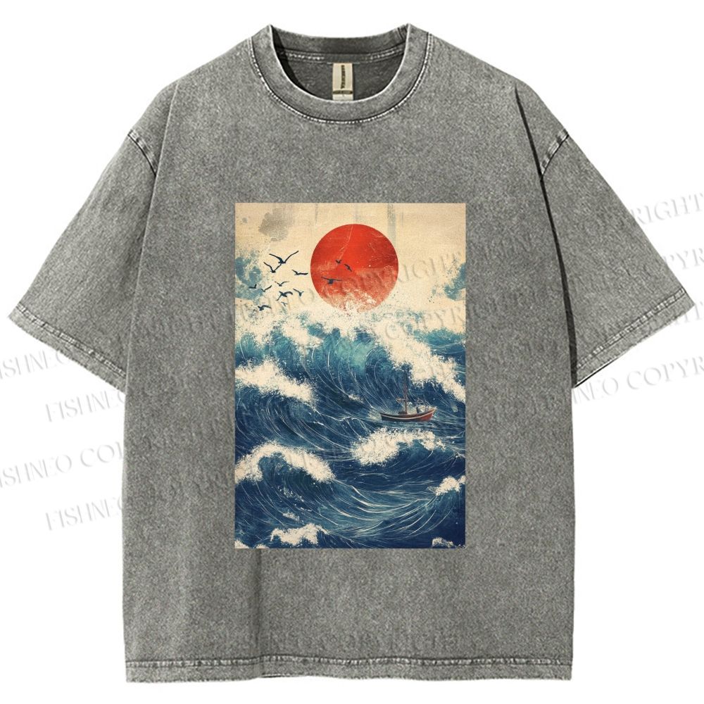 Unisex Japanese Wave Printed Washed Tee
