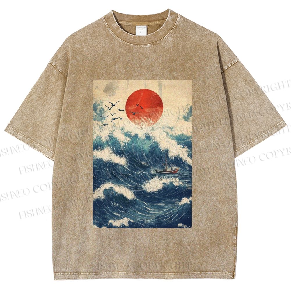 Unisex Japanese Wave Printed Washed Tee