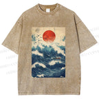 Unisex Japanese Wave Printed Washed Tee