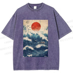 Unisex Japanese Wave Printed Washed Tee