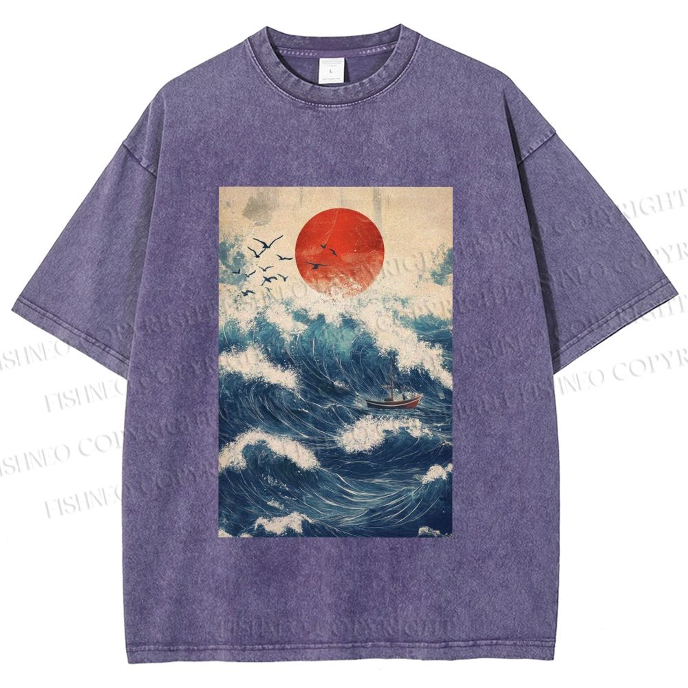 Unisex Japanese Wave Printed Washed Tee