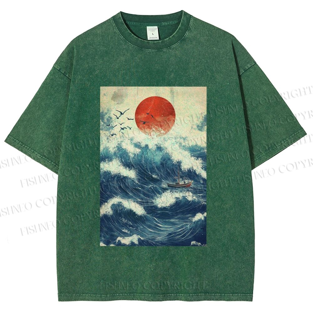 Unisex Japanese Wave Printed Washed Tee