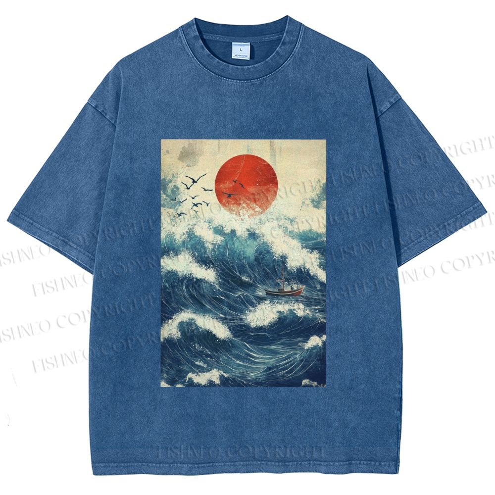 Unisex Japanese Wave Printed Washed Tee