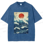 Unisex Japanese Wave Printed Washed Tee