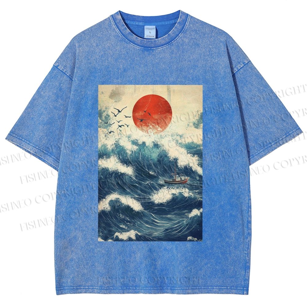 Unisex Japanese Wave Printed Washed Tee