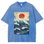 Unisex Japanese Wave Printed Washed Tee