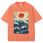 Unisex Japanese Wave Printed Washed Tee